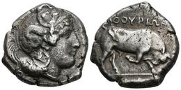 LUCANIA, Thourioi. Doble Nomos-Diestátera. 400-350 A.C. A/ Busto De Athenea A Derecha Con Casco Decorado Con Scylla. R/  - Griechische Münzen