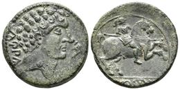 CONTERBIA CARBICA. As. 120-80 A.C. Huete (Cuenca). A/ Cabeza Masculina A Derecha, Delante Delfín, Detrás CaRBiCa. R/ Jin - Celtas