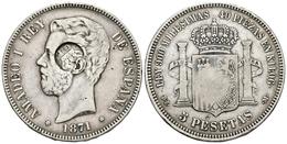 AMADEO I. 5 Pesetas. 1871 *18-74. Madrid DEM. Resello Del Gobierno Portugués, GP Bajo Corona. Aplicado En El Archipiélag - Autres & Non Classés