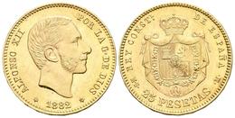 ALFONSO XII. 25 Pesetas. 1882 *18-82. Madrid MSM. Cal-16. Au. 8,05g. EBC. Escasa. - Otros & Sin Clasificación