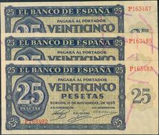 25 Pesetas. 21 De Noviembre De 1936. Banco De España, Burgos, Trío Casi Consecutivo. Serie P. Ondulados Verticalmente, F - Sonstige & Ohne Zuordnung