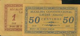 LAUJAR (ALMERIA). 50 Céntimo Y 1 Peseta. (1936ca). Bono De Curso Legal UGT-CNT. Sin Serie. Rarísimos. BC+. - Sonstige & Ohne Zuordnung