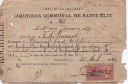 Reçu De Paiement / Cimetiére Communal De Saint-Eloi/ Famille Bossuet/ Ville De La ROCHELLE/ /1920     AEC156 - Autres & Non Classés