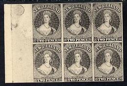 New Zeland 1855, Chalon Head 2d Hausberg's IMPERFORATED Proof Block Of 6 In Black On White Card - Neufs
