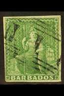 1855-58 (½d) Yellow-green On White Paper, SG 7, Good Used With Four Margins. For More Images, Please Visit Http://www.sa - Barbades (...-1966)