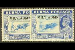 1945 3a6p Light Blue And Blue "Mily Admn" Opt, The Light Blue Central Vignette Showing Farmer And Oxen PRINTED FIVE TIME - Burma (...-1947)