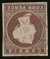 1874 4d Brown Imperf, WATERMARK INVERTED, SG 5w, Very Fine Used With 4 Margins & Crisp Red Fully- Dated Cds. A Beauty. S - Gambia (...-1964)
