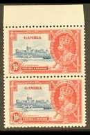 1935 1½d Deep Blue And Scarlet, Jubilee, Top Marginal Vertical Pair Showing The Variety "Lightening Conductor" By Left S - Gambie (...-1964)