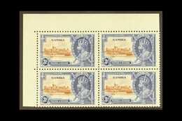 1935 3d Brown And Deep Blue Jubilee, Top Left Corner Block Of 4 Showing The Variety "Short Extra Flagstaff", Row 2/1, SG - Gambia (...-1964)