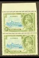 1935 6d Light Blue And Olive Green, Jubilee, Top Marginal Vertical Pair Showing The Variety "Lightening Conductor" By Le - Gambia (...-1964)