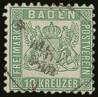 BADEN 1862 18kr Bright Green, Perf 10, Mi 21a, Very Fine Used With Neat Cds Cancel. For More Images, Please Visit Http:/ - Otros & Sin Clasificación