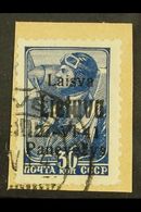 LITHUANIA. PONEWESCH 1941 30k Blue With Black Overprint, Michel 8b, Very Fine Used Tied To Small Piece. Signed Klein BPP - Otros & Sin Clasificación