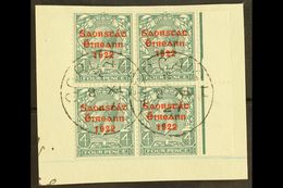 1922-23 SAORSTAT 4d Grey-green, Right Marginal Block Of Four, Showing NO ACCENT, SG 58a, On A Piece Tied By Cds's. For M - Other & Unclassified