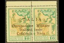 CEFOLONIA & ITHACA 1941 10 + 10L Green And Yellow Charity, Horizontal Pair, Sass 32, Very Fine Marginal Never Hinged Min - Sonstige & Ohne Zuordnung