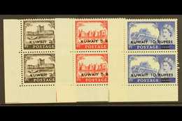 1955-57 NHM TYPE II "Castles" High Values Type II Opt'd, SG 107a/09a, CORNER Vertical Pairs, Never Hinged Mint. Scarce!  - Kuwait