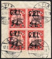 1914 (3 Sept) "G.R.I." Surcharge 9d On 80pf Black And Carmine/rose, SG 109, Very Fine Used BLOCK OF FOUR, On Piece Tied  - Samoa