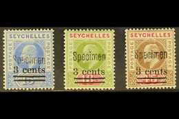 1903 Surcharges Set, Handstamped "SPECIMEN", SG 57/59s, Fine Mint. (3 Stamps) For More Images, Please Visit Http://www.s - Seychellen (...-1976)