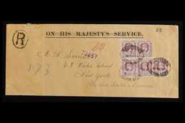 1905 (Sept) OHMS With Bars Through Envelope, Registered To New York, Bearing 1½d Chalky Paper (SG 88) Irregular Block Of - Sierra Leone (...-1960)