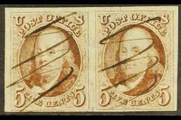 1847 5c Dark Brown Franklin, Scott 1a, An Attractive Horizontal Pair With Four Clear To Good Margins, Each With Neat Pen - Otros & Sin Clasificación