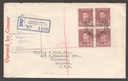 1941  Censored Registered Letteer From Elizabeth Str. To USA SG 166 Block Of 4 - Covers & Documents