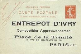 1907- Carte Postale E P 10 C Semeuse Camée -repiquage Entrepot D'Ivry - Non Utilisée - Bijgewerkte Postkaarten  (voor 1995)