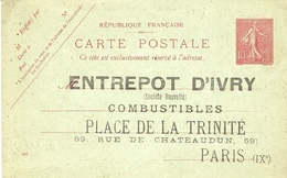 1904- Carte Postale E P 10 C Semeuse Lignée -repiquage Entrepot D'Ivry - Non Utilisée - AK Mit Aufdruck (vor 1995)