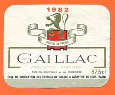 étiquette De Vin Bordeaux Gaillac 1982 Caves à Labastide De Lévis - 37,5 Cl - Gaillac