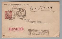 China 1923-02-?? Peking Registered Cover Mit Perfin "Peking Union Medical College" über London 20 Ct. EF N.Zürich - Xinjiang 1915-49