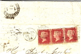 1859- Half Letter From MALTA  To  Messina ( Italy )  Fr. Strip Of 3 Y & T N°26 ( Without Pl. ) - Lettres & Documents