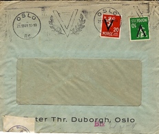 1941- Enveloppe D'OSLO Affr. T P 20 + 10 Ore Surcharge V + Flamme Illustrée V -censure Allemande Au Dos - Storia Postale