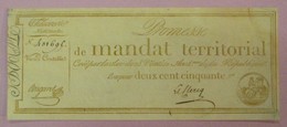 Rare Promesse De Mandat Territorial - Bon Pour 250 Francs, Impression Bistre, Sans Série, Lafaurie N°198 - Très Beau - Assignats