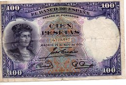 Billet Espagnol De 100 Pesetas ( 25 Avril 1931 ) - 100 Peseten