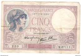 Billet 5 Francs France Violet 5-12-1940 TB - 5 F 1917-1940 ''Violet''