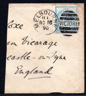 AUSTRALIA VICTORIA 1890 6d BLUE STAMP DUTY REVENUE ON PIECE WITH VERY CLEAR MELBOURNE NOV 18 CANCEL TO NEWCASTLE UK GB - Cartas & Documentos