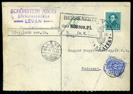 LÉVA 1938. Visszatérés, Céges Levelezőlap , Portózva , Schönstein  /  1938 Military, Corp. P.card, Postage Due, Schönste - Covers & Documents