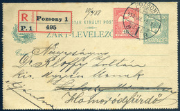 POZSONY 1910. Helyi Ajánlottként Bérmentesített Zárt Díjjegyes Levlap, Távolságiként Homoródfürdőre Küldve, Portózás Nél - Usati