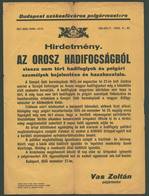 BUDAPEST 1945. Vas Zoltán , Polgármester, Hírdetmény Az Orosz Hadifogságról - Unclassified