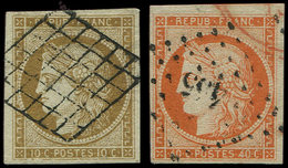 EMISSION DE 1849 - 1 Et 5, 10c. Bistre-jaune Et 40c. Orange Obl. GRILLE Et PC, Exemplaires Choisis, TB - 1849-1850 Ceres