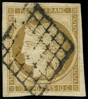 EMISSION DE 1849 - 1b   10c. Bistre-VERDATRE, Obl. GRILLE, Superbe - 1849-1850 Ceres