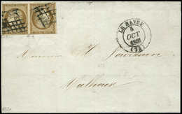 Let EMISSION DE 1849 - T1e  10c. Bistre-VERDATRE, TETE BECHE Obl. GRILLE S. LSC, Càd T14 LE HAVRE 5/10/51, Le Long Du Fi - 1849-1850 Ceres