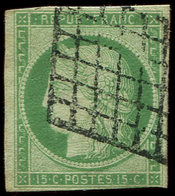 EMISSION DE 1849 - 2    15c. Vert, Obl. GRILLE, Filet Touché Dans Un Angle, B/TB - 1849-1850 Ceres