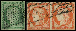 EMISSION DE 1849 - 2    15c. Vert, Obl. Losange De Points Et N°5 40c. Orange PAIRE Obl. GRILLE SANS FIN, TB - 1849-1850 Cérès