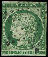 EMISSION DE 1849 - 2c   15c. Vert TRES FONCE, Obl. ETOILE, Filet Coupé à Gauche, B/TB - 1849-1850 Ceres