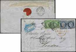 Let EMISSION DE 1849 - 2 Et 4, 15c. Vert En PAIRE Et 25c. Bleu (2), Obl. GRILLE S. LAC, Càd PARIS 1/5/51, Arr. LONDON 2/ - 1849-1850 Cérès