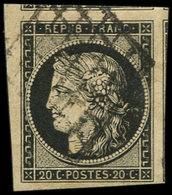EMISSION DE 1849 - 3    20c. Noir Sur Jaune, Obl. GRILLE, Grandes Marges, Amorce De 2 Voisins, Superbe - 1849-1850 Cérès