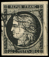 EMISSION DE 1849 - 3    20c. Noir Sur Jaune, Obl. GRILLE, Grandes Marges, Voisin à Droite, Superbe - 1849-1850 Ceres