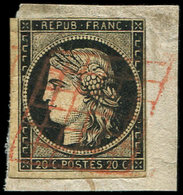 EMISSION DE 1849 - 3    20c. Noir Sur Jaune, Filet Sup. Touché, Obl. GRILLE ROUGE S. Fragt, Frappe TTB - 1849-1850 Ceres