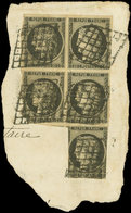 EMISSION DE 1849 - 3    20c. Noir Sur Jaune, BLOC De 5, 2 Timbres Défx Et Pli Horiz., Obl. GRILLE S. Fragt, Les Blocs De - 1849-1850 Ceres