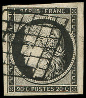 EMISSION DE 1849 - 3a   20c. Noir Sur Blanc, Oblitéré GRILLE, Belles Marges, TTB - 1849-1850 Ceres