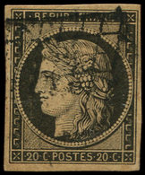 EMISSION DE 1849 - 3g   20c. Noir Sur CHAMOIS TRES FONCE, Obl. GRILLE, TB. C - 1849-1850 Ceres